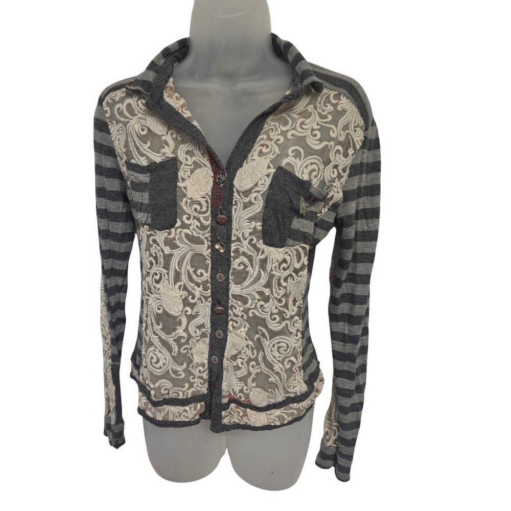 Elisa Cavaletti‎ Gray Lace Striped Button Up Shirt Top Women Made in Italy